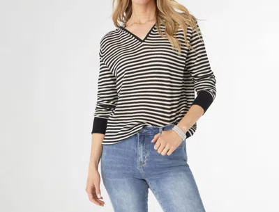 Coco + Carmen Aruni V-neck Striped Knit Top With Hood In Black/natural