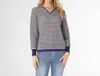 Coco + Carmen Aruni V-neck Striped Knit Top With Hoodie In Navy And White/natural