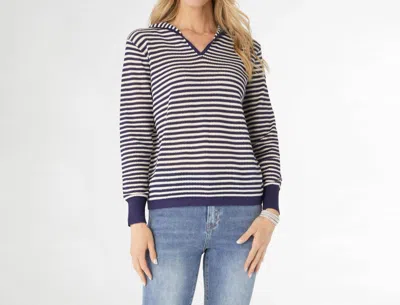 Coco + Carmen Aruni V-neck Striped Knit Top With Hoodie In Navy And White/natural