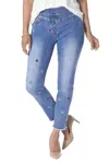 Coco + Carmen Asra Tummy Control Embroidered Denim Capris In Medium Wash In Multi