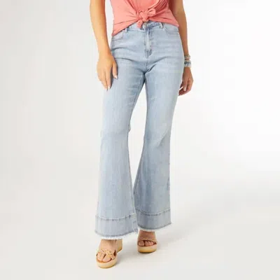 Coco + Carmen Bambu Soft Double Bottom Fringe Flare Jeans In Light Denim In Blue