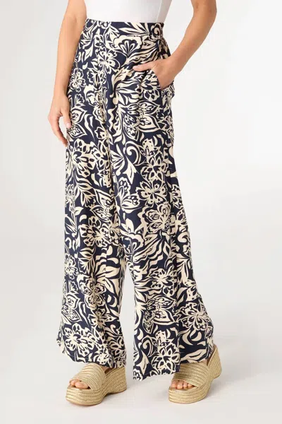 Coco + Carmen Dinara Flowy Pant With Cinched Waist In Navy/tan Floral In White