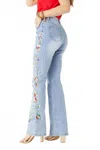 Coco + Carmen Everstretch Flare With Bright Color Embroidery Jeans In Light Denim In Blue