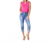 Coco + Carmen Everstretch Straight With Bottom Embroidery Capri Jeans In Medium Denim In Blue