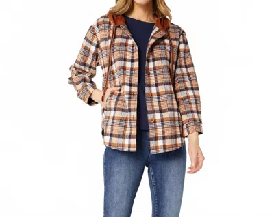Coco + Carmen Frieda Button Front Hooded Shacket In Brown Multi