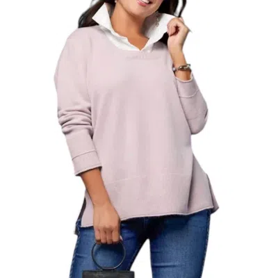 Coco + Carmen Heavenly Luxe Crew Neck Sweater With Woven Collar In Blush Lavender In Pink