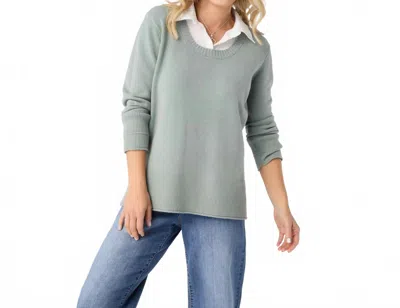 Coco + Carmen Heavenly Luxe Crew Neck Sweater With Woven Collar In Sage In Green