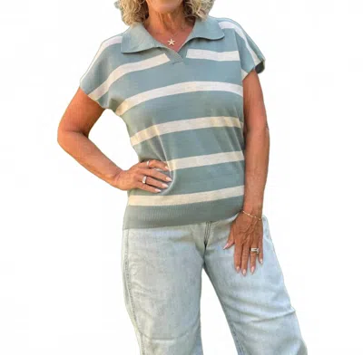 Coco + Carmen Heavenly Luxe Striped Short Sleeve Sweater In Sage Wisdom White In Multi