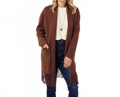 Coco + Carmen Mid Length Cardigan With Fringe In Chocolate In Gold