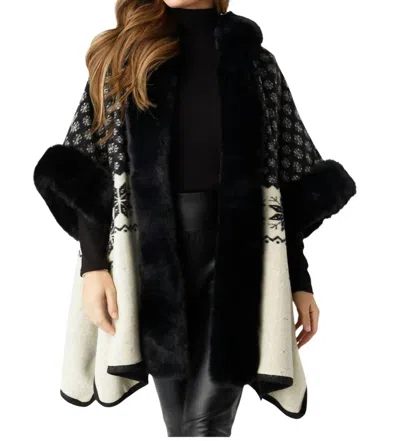 Coco + Carmen Noric Hooded Ruana W/ Faux Fur Coat In Black/multi
