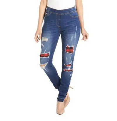 Coco + Carmen Omg Skinny Jeans With Patchwork In Medium Denim And Buffalo Check In Blue