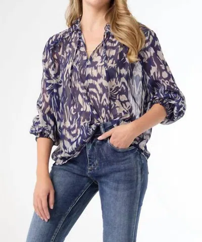 Coco + Carmen Ravenna Sheer Print V-neck Blouse In Indigo In Blue
