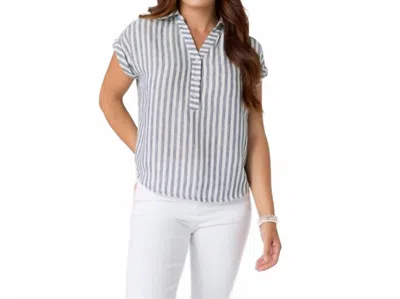 Coco + Carmen Reagan Cap Sleeve Striped Collared Top In Dusty Blue/white In Pattern