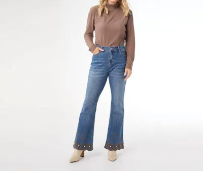 Coco + Carmen Scalloped Beaded Bottom Flare Jeans In Medium Denim In Blue