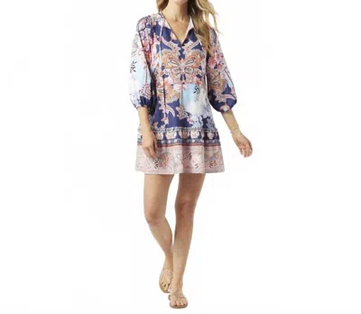 Coco + Carmen Smocked Mini Dress With Tie Neck In Blue Multi