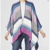 Coco + Carmen Stripe Whipstitch Shawl Wrap Ruana In Bright Blue/grey/white/pink In Multi