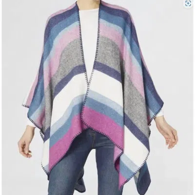 Coco + Carmen Stripe Whipstitch Shawl Wrap Ruana In Bright Blue/grey/white/pink In Multi