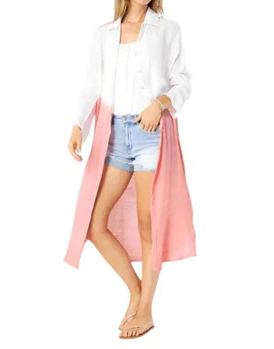Coco + Carmen Valentina Dip Dye Long Button Up Tunic In White And Pink In Multi