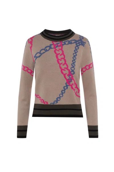 Coco Chain Motif Striped Trim Long Sleeve Sweater In Brown