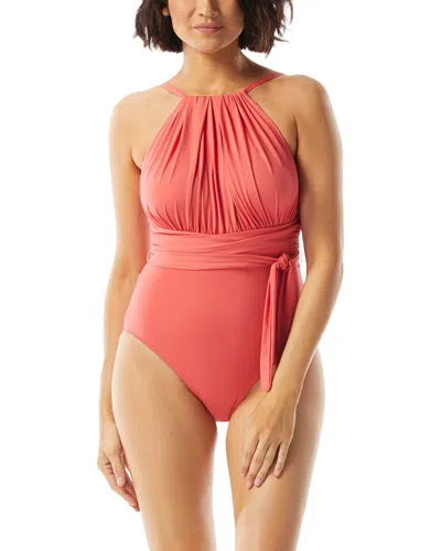 Coco Contours Belted High Neck One-piece In Pink