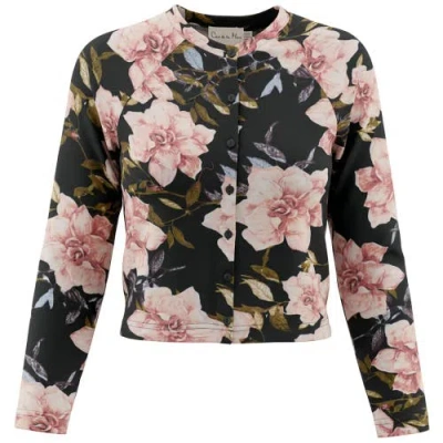 Coco De La Mour Floral Crew Neck Button Front Cardigan Top In Black