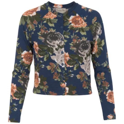 Coco De La Mour Floral Crew Neck Button Front Cardigan Top In Blue