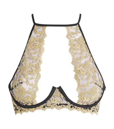 Coco De Mer Embroidered High-neck Plunge Bra In Gold