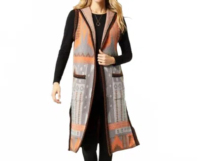 Coco Elia Hooded Aztec Long Vest In Grey In Black