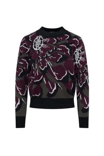 Coco Floral Ribbed Neck Cuffs Knit Sweater In Burgundy