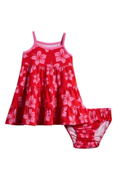 Coco Moon Babies'  Hibiscus Punch Tiered Dress & Bloomers Set In Red