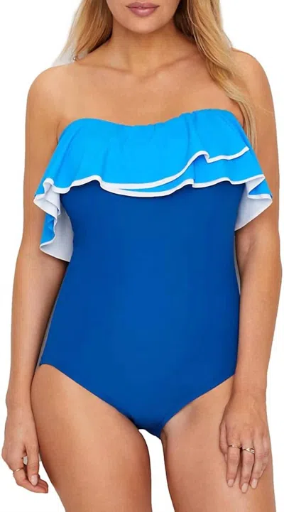 Coco Reef Contours Agate Ruffle Bandeau One Piece Swimsuit In Cadet In Blue