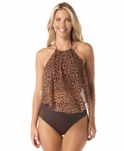 Coco Reef Womens Aura Underwire High Neck Mesh Tankini Top High Waisted Bottoms With Printed Tiered Cover Up D In Brown
