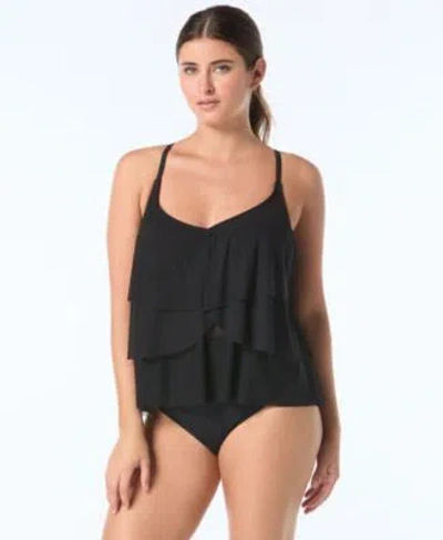 Coco Reef Womens Lotus Ruffle V Neck Tankini Top High Waist Bikini Bottoms In Black