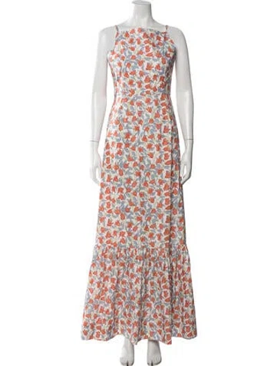 Pre-owned Coco Shop Floral Print Long Dress In Blue/white