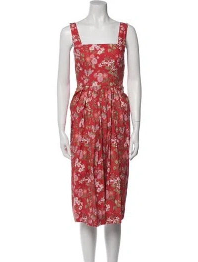 Pre-owned Coco Shop Floral Print Midi Length Dress In Red