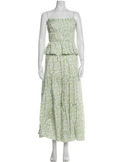 Pre-owned Coco Shop Floral Print Pleated Accents Skirt Suit In Green