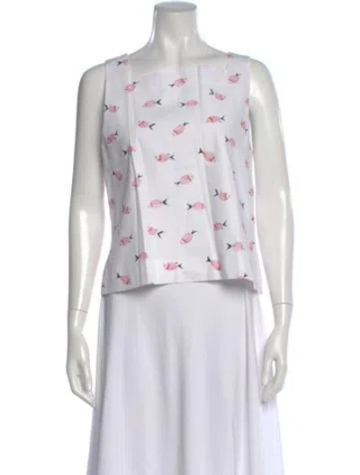 Pre-owned Coco Shop Printed Square Neckline Top In White