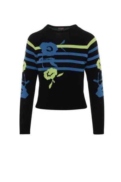 Coco Striped Knit Floral Front Long Sleeve Sweater In Black