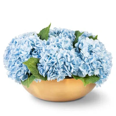 Cocobella Ian Realtouch Hydrangea Arrangement In Large Gold Bowl In Blue