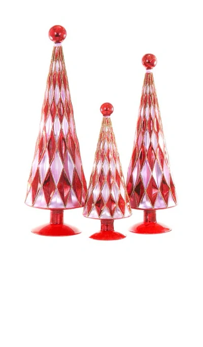 Cody Foster & Co Mid Century Diamond Trees Ornament Set Of 3 In Red