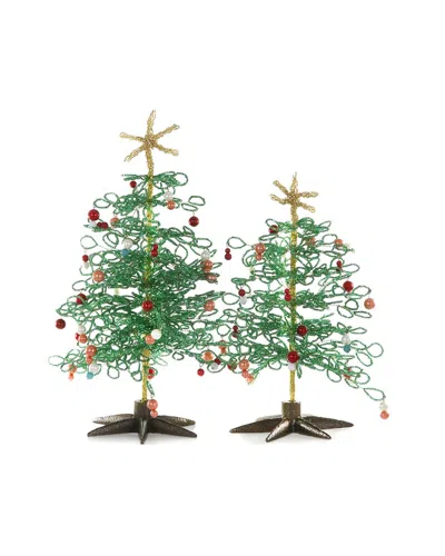 Cody Foster & Co. Set Of 2 Handcrafted Beaded Trees In Green