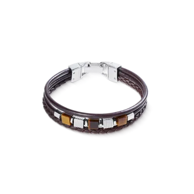 Coeur De Lion Armband Leder Braun 3-reihig Mit Tigerauge Und Graphic Relief Edelstahl Cubes In Purple