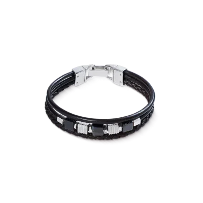 Coeur De Lion Armband Leder Schwarz 3-reihig Mit Streifen-onyx Und Graphic Relief Edelstahl Cubes In Pattern