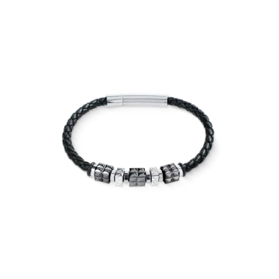 Coeur De Lion Black Leather Bracelet With Gun Metal Stainless Steel Spikes Cubes