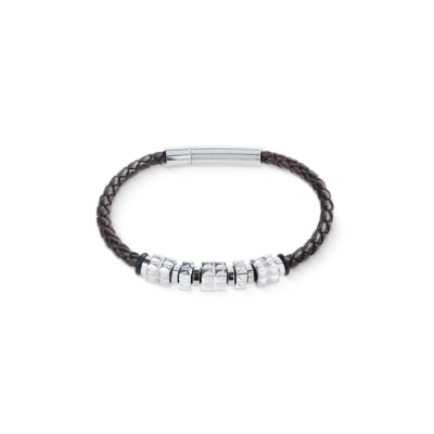 Coeur De Lion Brown Leather Bracelet With Stainless Steel Spikes Cubes In Black