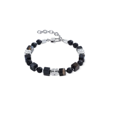 Coeur De Lion Striped Onyx Cube And Lava Bead Bracelet With Stainless Steel Spikes Cubes In Multi