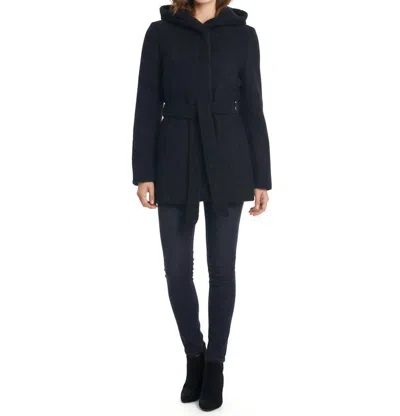 Coffeeshop Hooded Boucle Coat With Waist Tie In Black