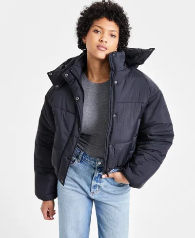 Coffeeshop Juniors' Cropped Hooded Puffer Coat In Black