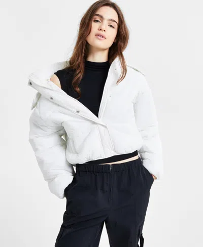 Coffeeshop Juniors' Cropped Hooded Puffer Coat In White