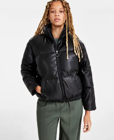 Coffeeshop Juniors' Faux-leather Cropped Puffer Coat In Black